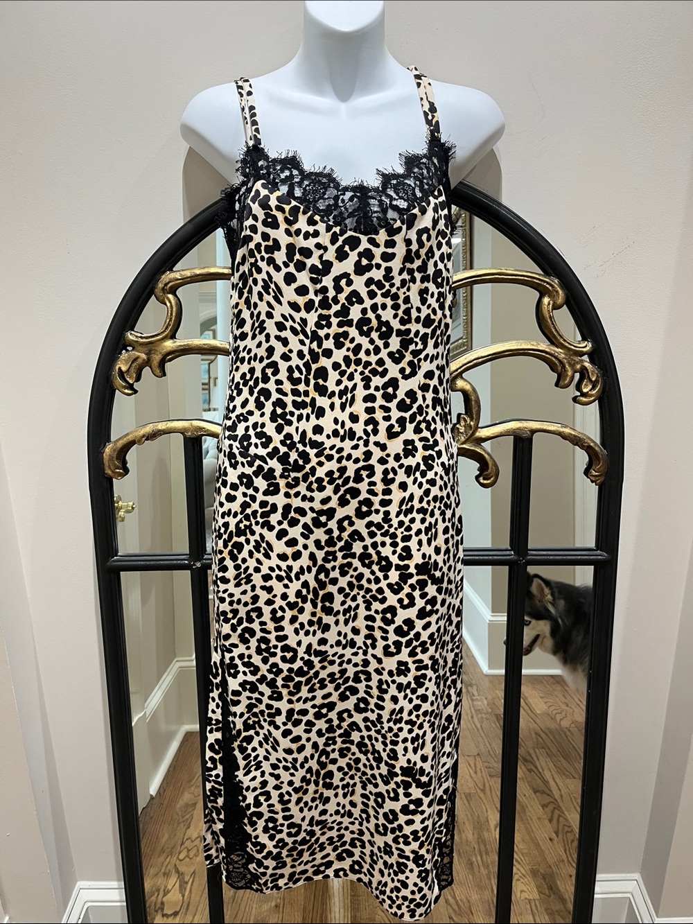 Juicy Couture Leopard Print Lace-Trim Slip Dress in Black & Cream